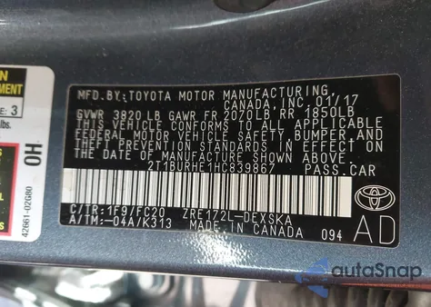2017 Toyota Corolla Se z USA, uszkodzony, nr VIN 2T1BURHE1HC839867